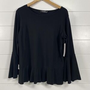 Sympli Nu Peplum Top Womens Size 10 Black Flared Sleeve Made Canada Elegant New